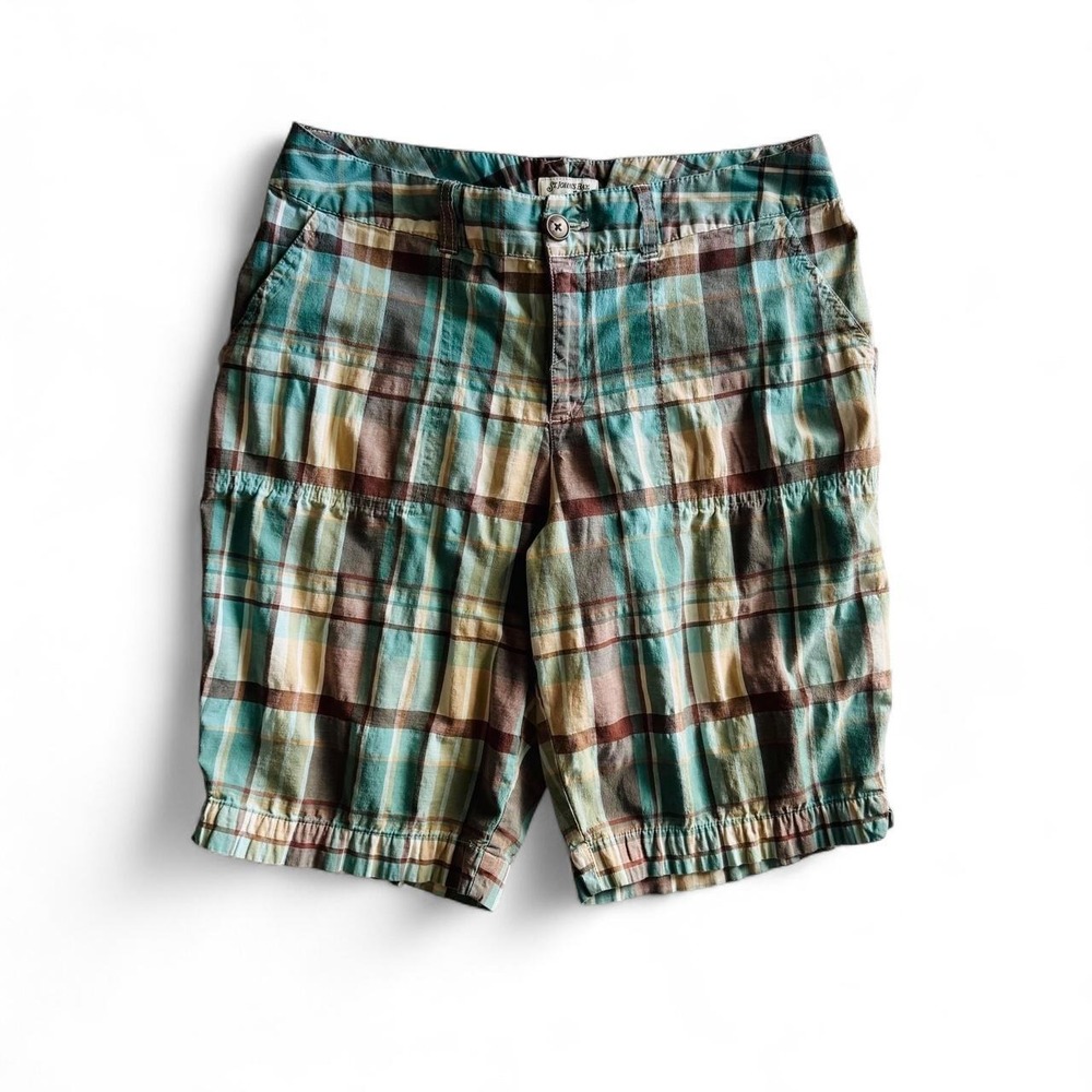 St. Johns Bay Womens Plaid Bermuda Shorts Teal Brown Size 12 Stretch Cotton